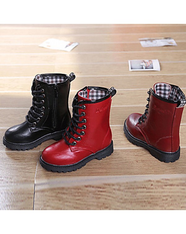 Girl's Boots Fall / Winter Snow Boots / Comfort PU Dress / Casual Flat Heel Zipper Black / Red / Burgundy Walking  