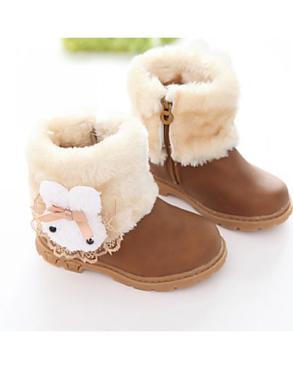 Girl's Boots Fall / Winter Fashion Boots PU Outdoor / Casual Flat Heel Fur Brown / Pink / Red Walking  