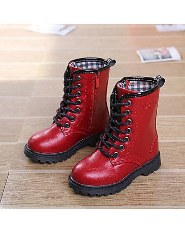 Girl's Boots Fall / Winter Snow Boots / Comfort PU Dress / Casual Flat Heel Zipper Black / Red / Burgundy Walking  